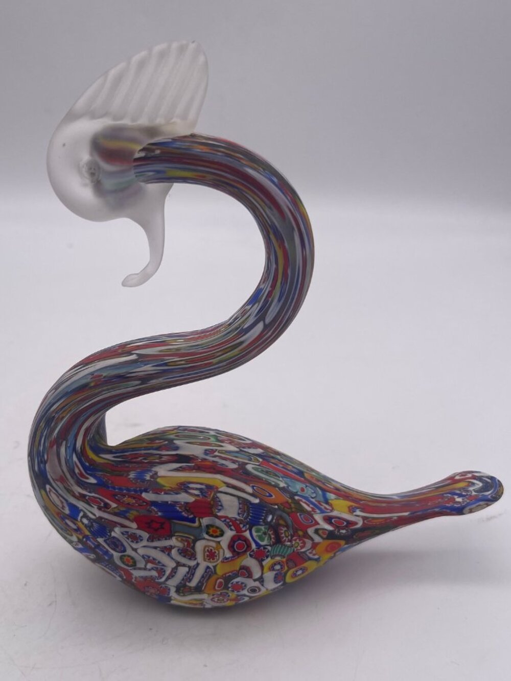 Gorgeous Vintage 90s Murano Style Millefiori Frosted Glass Swan Figurine